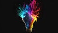 Colorful neon idea light bulb with exploding glowing illustrations generative aI