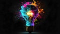 Colorful neon idea light bulb with exploding glowing illustrations generative aI