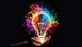 Colorful neon idea light bulb with hand exploding glowing illustrations generative aI