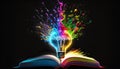 Colorful neon idea light bulb with hand exploding glowing illustrations generative aI