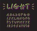 Colorful neon lighting font design on black, yellow flash uppercase alphabet handwriting, shiny magenta cyan letter hand draw.