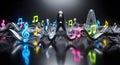 Colorful neon musical notes glowing sound waves abstract dark background vibrant rhythmic pattern digital audio visualization Royalty Free Stock Photo