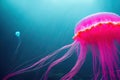 Colorful neon shining jellyfish swimming deep in blue sea. Medusa in fantasy aquatic depth space floating in motion. Royalty Free Stock Photo