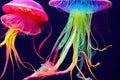 Colorful neon shining jellyfish swimming deep in blue sea. Medusa in fantasy aquatic depth space floating in motion. Royalty Free Stock Photo