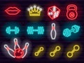 Colorful neon sports and entertainment signs and icons set Royalty Free Stock Photo