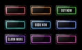 Colorful neon square signs set. Buy now, learn more, book now light banners design. Rectangle button on black background Royalty Free Stock Photo