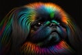 Colorful neon style Pekingese dog head illustration on black background.