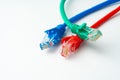 Colorful network cables switch on white background close up