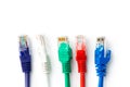 Colorful network cables switch on white background close up