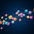 Colorful network of interconnected circles featuring various digital icons like users,