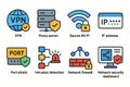 Colorful Network Security Icons Set: VPN, Proxy Server, Secure Wi-Fi, IP, Firewall Royalty Free Stock Photo