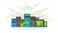 Colorful Networked Data Center with Servers and Wireless Signals Royalty Free Stock Photo