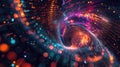 Colorful neural network data flow, with neon lights and code snippets on dark digital backdrop. Big data visualization