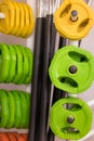 Colorful new weights in a gym or shop Royalty Free Stock Photo