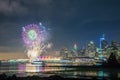 Colorful new year fireworks with Vancouver skyline seen from Stanley park