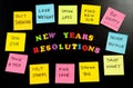 Colorful New Year resolutions and sticky post its notes with popular goals on chalk blackboard Royalty Free Stock Photo
