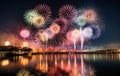 Colorful new years fireworks over water. Colorful fireworks explode. Red, blue, white fireworks above water with reflection on the Royalty Free Stock Photo