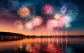 Colorful new years fireworks over water. Colorful fireworks explode. Red, blue, white fireworks above water with reflection on the Royalty Free Stock Photo