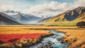 Colorful New Zealand Oil Painting Landscape Landscape Wallpaper Illustration Background Watercolor Ink