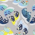 Colorful newborn shoes for boys. Blue, green and yellow shoes with Seamless pattern. Vector illustration on light grey background