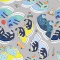 Colorful newborn shoes for boys with boys toys. Seamless pattern. Vector illustration on light grey background