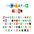 Colorful newspaper letters font, latin alphabet signs and numbers on white