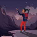 Colorful night landscape of climber woman celebrating at the top of mountain Royalty Free Stock Photo