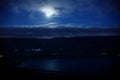 Colorful night landscape with lake, mountains, full moon, blue sky Khojasan Lake, Baku, Azerbaijan. Panoramic photo. Royalty Free Stock Photo