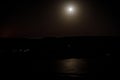 Colorful night landscape with lake, mountains, full moon, blue sky Khojasan Lake, Baku, Azerbaijan. Panoramic photo. Royalty Free Stock Photo