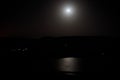 Colorful night landscape with lake, mountains, full moon, blue sky Khojasan Lake, Baku, Azerbaijan. Panoramic photo. Royalty Free Stock Photo