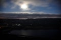 Colorful night landscape with lake, mountains, full moon, blue sky Khojasan Lake, Baku, Azerbaijan. Panoramic photo. Royalty Free Stock Photo