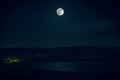 Colorful night landscape with lake, mountains, full moon, blue sky Khojasan Lake, Baku, Azerbaijan. Panoramic photo. Nature backgr Royalty Free Stock Photo