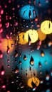 Colorful night lights outside the window, raindrops add a glow