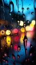 Colorful night lights outside the window, raindrops add a glow