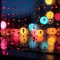 Colorful night lights outside the window, raindrops add a glow