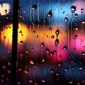 Colorful night lights outside the window, raindrops add a glow