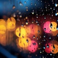 Colorful night lights outside the window, raindrops add a glow