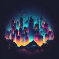 Colorful Night Skyline Illustration. Highrises and Skyscrappers. Cyber futuristic Design. Generative AI