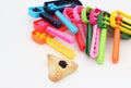 Colorful noisemakers and one Haman ear cookie