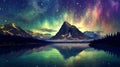 colorful northern lights in night starry sky with stars over lake and mountains. Generative AI illustration Royalty Free Stock Photo