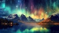 colorful northern lights in night starry sky with stars over lake and mountains. Generative AI illustration Royalty Free Stock Photo