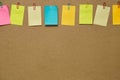 Colorful notepads stick on wooden board. Royalty Free Stock Photo