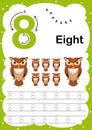 Colorful Number Eight daily tracing printable A4 practice worksheet with cute cartoon animals for kids learning to count and to