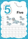 Colorful Number Five daily tracing printable A4 practice worksheet with cute cartoon animals for kids learning to count and to