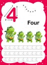 Colorful Number Four daily tracing printable A4 practice worksheet with cute cartoon animals for kids learning to count and to