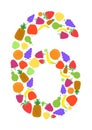 Colorful number 6 shaped by flat fruit designs, Arial