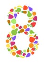 Colorful number 8 shaped by flat fruit designs, Arial