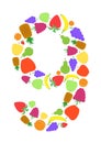 Colorful number 9 shaped by flat fruit designs, Arial