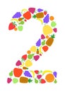 Colorful number 2 shaped by flat fruit designs, Arial