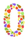 Colorful number 0 shaped by flat fruit designs, Arial